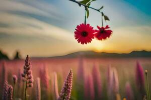 zwei Blumen sind hängend von ein Ast im ein Feld. KI-generiert foto