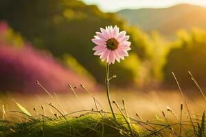 ein Single Rosa Blume steht im das Mitte von ein Feld. KI-generiert foto