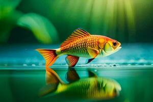 ein Fisch ist Stehen auf das Wasser mit ein Grün Hintergrund. KI-generiert foto