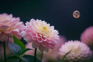 Rosa Blumen mit Mond im das Hintergrund. KI-generiert foto