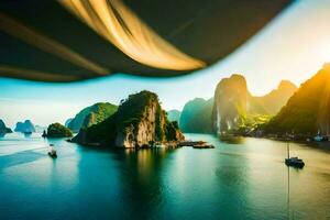 das Sonne ist Rahmen Über das Wasser im Halong Bucht. KI-generiert foto