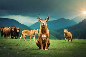 ein Hirsch ist Stehen im das Mitte von ein Feld mit andere Tiere. KI-generiert foto