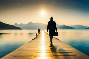 ein Mann Gehen auf ein Seebrücke mit ein Koffer. KI-generiert foto