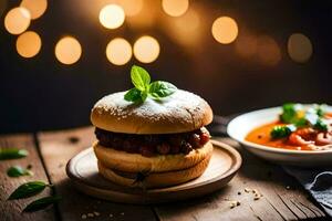 ein Hamburger mit Tomate Soße und Basilikum auf ein hölzern Tisch. KI-generiert foto