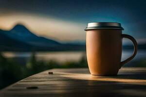 Kaffee Becher auf ein hölzern Tabelle mit Berge im das Hintergrund. KI-generiert foto