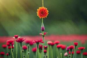 ein Blume ist Stehen auf ein Stock im ein Feld. KI-generiert foto