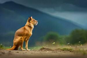 ein Hund Sitzung auf das Boden im Vorderseite von ein Berg. KI-generiert foto