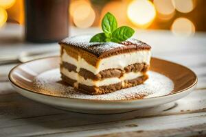 ein Scheibe von Kuchen auf ein Teller mit ein Minze Blatt. KI-generiert foto