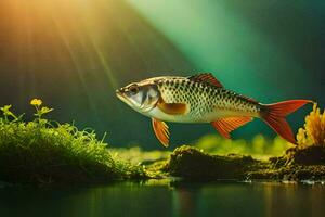 Foto Hintergrund das Himmel, Fisch, Wasser, Gras, Sonne, Licht, Fisch, Wasser,. KI-generiert