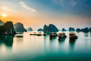 Boote im das Wasser beim Sonnenuntergang im Halong Bucht. KI-generiert foto