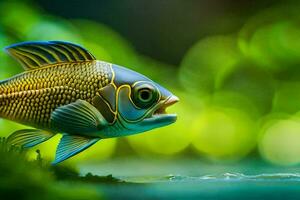 ein Fisch mit ein Blau und Gelb Körper ist Schwimmen im das Wasser. KI-generiert foto