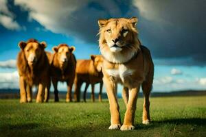ein Gruppe von Löwen Stehen im das Gras. KI-generiert foto