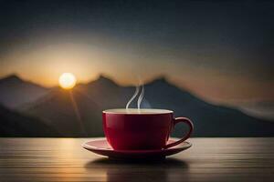 ein Tasse von Kaffee auf ein Tabelle im Vorderseite von ein Berg Sicht. KI-generiert foto