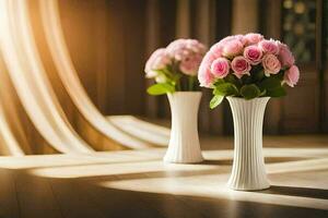zwei Vasen mit Rosa Rosen Sitzung auf ein hölzern Boden. KI-generiert foto