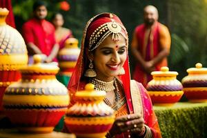 ein Braut im traditionell indisch Kleidung ist lächelnd. KI-generiert foto
