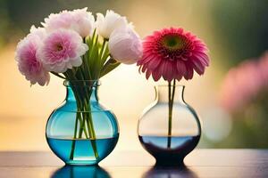 zwei Vasen mit Rosa Blumen im ihnen. KI-generiert foto