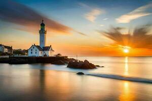 ein Leuchtturm steht auf das Ufer von das Ozean beim Sonnenuntergang. KI-generiert foto