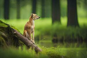 ein Hund Sitzung auf ein Log im das Mitte von ein Wald. KI-generiert foto