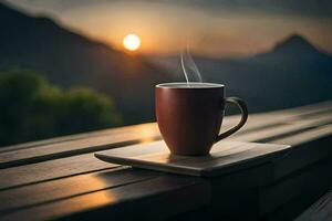 Kaffee Tasse auf das Tisch, Sonnenaufgang, Berge, hd Hintergrund. KI-generiert foto