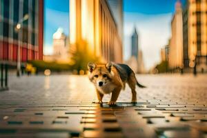 ein Hund Gehen auf ein Backstein Straße im Vorderseite von hoch Gebäude. KI-generiert foto