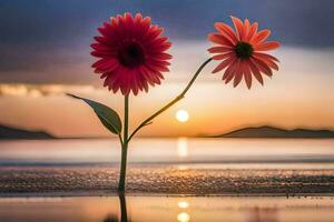 zwei Blumen sind Stehen auf das Strand beim Sonnenuntergang. KI-generiert foto