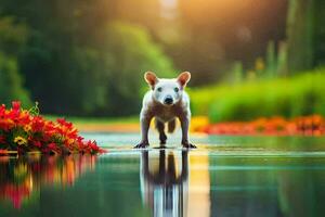 ein Weiß Hund Stehen im das Wasser mit Blumen. KI-generiert foto