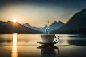 ein Tasse von Kaffee auf das See mit Berge im das Hintergrund. KI-generiert foto