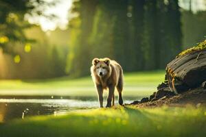 ein Wolf ist Gehen entlang ein Pfad in der Nähe von ein See. KI-generiert foto