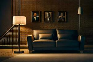 ein Leben Zimmer mit ein Couch und Lampe. KI-generiert foto