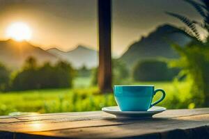 ein Tasse von Kaffee auf ein hölzern Tabelle im das Morgen, Berge, Natur, hd Hintergrund. KI-generiert foto