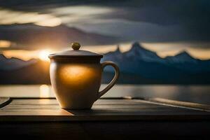 ein Kaffee Tasse sitzt auf ein Tabelle im Vorderseite von ein See beim Sonnenuntergang. KI-generiert foto