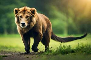 ein Löwe Gehen im das Gras. KI-generiert foto