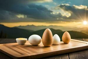 Eier auf ein Schneiden Tafel mit Berge im das Hintergrund. KI-generiert foto