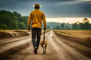 ein Mann Gehen seine Hund Nieder ein Schmutz Straße. KI-generiert foto