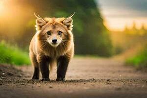 ein Fuchs Gehen auf ein Schmutz Straße beim Sonnenuntergang. KI-generiert foto