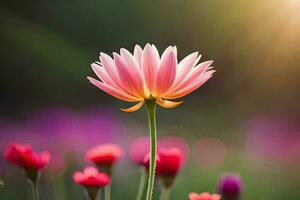 ein Rosa Blume ist Stehen im das Mitte von ein Feld. KI-generiert foto