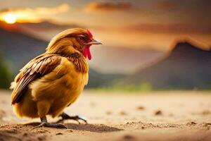 ein Hähnchen ist Stehen auf das Boden im Vorderseite von ein Sonnenuntergang. KI-generiert foto