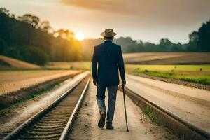 ein Mann im ein passen und Hut Gehen auf Eisenbahn Spuren. KI-generiert foto