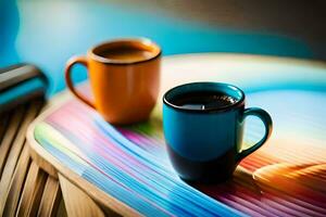 zwei Kaffee Tassen auf ein bunt Tablett. KI-generiert foto