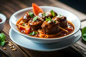 Fleischklößchen im ein Tomate Soße mit Pasta und Kräuter. KI-generiert foto