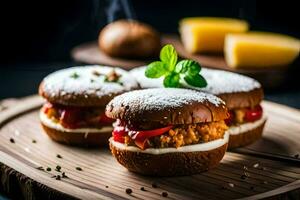 drei Mini Sandwiches mit Käse und Pfeffer auf ein hölzern Tafel. KI-generiert foto