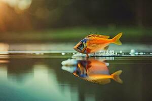 ein Fisch ist Schwimmen im das Wasser mit das Sonne leuchtenden. KI-generiert foto