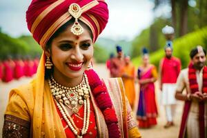 ein Frau im traditionell indisch Kleidung lächelt zum das Kamera. KI-generiert foto