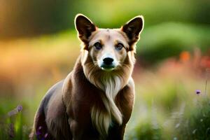 ein Hund Sitzung im das Gras mit ein verschwommen Hintergrund. KI-generiert foto