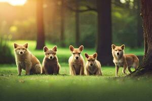 fünf Hunde Sitzung im das Gras in der Nähe von ein Baum. KI-generiert foto