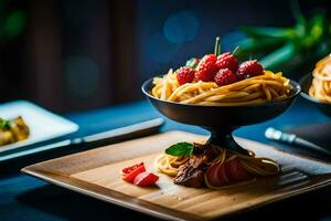 ein Teller von Pasta mit Beeren und ein Gabel. KI-generiert foto