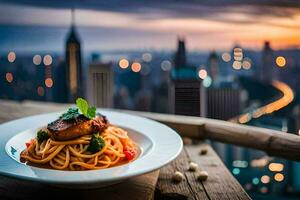 Spaghetti mit Fleisch und Tomate Soße auf ein Teller im Vorderseite von ein Stadtbild. KI-generiert foto