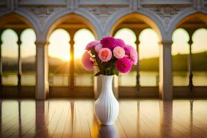 ein Vase mit Rosa Blumen Sitzung im Vorderseite von ein Fenster. KI-generiert foto