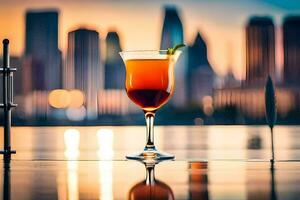 ein Cocktail im ein Glas auf ein Tabelle im Vorderseite von ein Stadt Horizont. KI-generiert foto
