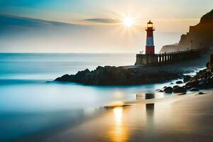 ein Leuchtturm steht auf das Ufer von ein Strand beim Sonnenaufgang. KI-generiert foto